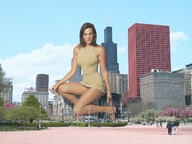 giantess collage city brunette wonderslug kneeling legs looking_down skyscraper chicago holding_buses