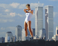 breasts giantess collage city mega swimsuit wonderslug legs skyscraper sky looking_at_viewer leotard
