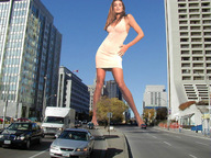 giantess collage brunette smiling wonderslug looking_down outdoors cindy_crawford one_piece_dress