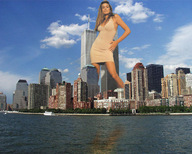 collage city mega brunette wonderslug dress skyscraper sky looking_at_viewer waterfront cindy_crawford