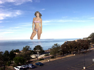 breasts giantess collage mega blonde long_hair swimsuit ocean wonderslug vehicles reflection christie_brinkley