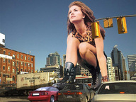 giantess collage city buildings brunette wonderslug vehicles sky carmen_electra roller_blades