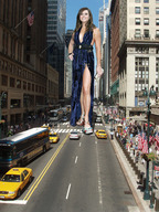 breasts giantess collage mega high_heels brunette smiling wonderslug dress legs vehicle_crush between_buildings alison_carroll