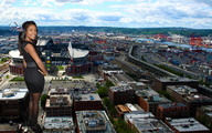 giantess collage city high_heels buildings helicopter smiling wonderslug dress dark_skin sports_stadium gabrielle_union
