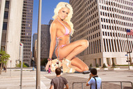 bikini giantess collage city mega blonde wonderslug kneeling platforms flip_flops earrings tourists looking_at_viewer vehicle_crush