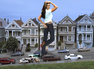 giantess collage clothed brunette wonderslug streets looking_at_viewer kelly_brook vehicle_crush