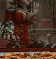 giantess large_breasts clothed sitting reaching unaware shrunken_woman food video_game indoors pizza borderlands imminent_vore kadago mad_moxxi lilith_(borderlands)