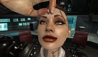 micro handheld brown_eyes unknown_artist hand jack jacket tattoo earrings source_needed laboratory looking_at_tiny digital_render mass_effect miranda_lawson