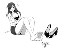 giantess feet small_man blushing monochrome barefoot cleavage skirt shoes sitting teasing running_away guestx