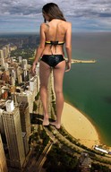 giantess collage city mega butt swimsuit beach barefoot ocean brunette skyscraper clouds sky tattoo behind_view downward_angle
