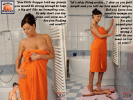 collage barefoot cleavage brunette domination story shrunken_man bathroom robe under_foot tattoo looking_at_viewer squeezemeflat looking_at_tiny