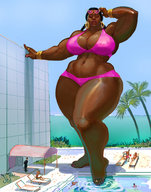 giantess color swimsuit huge_breasts muscles sunglasses toe_ring bracelet swimming_pool jebriodo