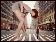 giantess collage city small_woman high_heels buildings red_hair dress bending_over streets looking_at_tiny cp31