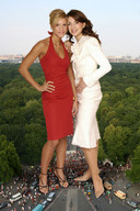 breasts giantess collage blonde cleavage high_heels brunette dress giantesses e10 streets crowds hands_on_hips