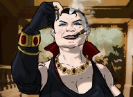 color handheld cleavage gloves witch shrunken_men smoking shrunken_man dangle jewlery cigar between_fingers elder ellocabruja