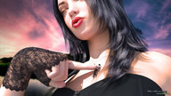 giantess black_hair finger gloves shrunken_men shrunken_man sky red_lips pushing digital_render silentstepgts