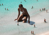gentle giantess collage swimsuit beach ocean kneeling shrunken_people e10 leaning_forward looking_at_tiny