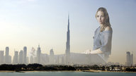 giantess collage city mega blonde long_hair blue_eyes high_heels jeans sitting burj_khalifa shoulder flat_chest looking_at_viewer bra_strap jennifer_lawrence