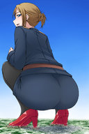 landscape giga city color butt destruction blue_eyes ochiko_terada high_heels smiling squatting foot_crush uniform miniskirt