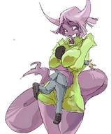horns tail large_breasts mini_giantess hugging shirt purple_skin remi between_breasts