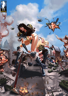 drawing giantess city color long_hair armor destruction helicopter brunette military tank amazon war giantessfan warrioress