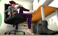 crush feet clothed handheld barefoot glasses blood red_hair sitting shrunken_woman cruel chair desk under_foot pedicure sorenzer0 digital_render