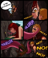 drawing giantess vore comic tongue saliva red_hair caught cave forest hiding snake_girl tsavo panels looking_at_tiny agnitnurk