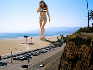 giantess collage swimsuit beach cleavage ocean brunette wonderslug foot_print sand kelly_brook