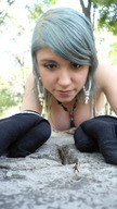 collage micro gloves shrunken_men shrunken_man outdoors necklace trees hanna looking_at_tiny peque