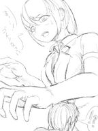drawing giantess monochrome surprised hand sketch japanese_text uru