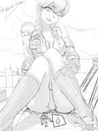drawing giantess monochrome robot glasses pantyshot socks gloves uniform clouds braid uru