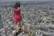 collage city black_hair destruction buildings wonderslug dress walking kym_marsh behind_view downward_angle