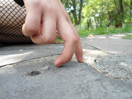 collage micro finger shrunken_men kneeling hand running fishnets shrunken_man outdoors chase running_away hanna sidewalk peque