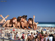 breasts giantess collage nude beach barefoot water ocean brunette red_hair lesbians sand giantesses crowds