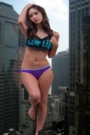 giantess panties city barefoot brunette unknown_artist skyscraper looking_at_viewer