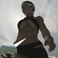 giantess white_hair landscape mega green_eyes fairy navel underboob muscles belly abs walking unaware forest dark_skin athletic outdoors sky fairies earrings ripped_clothing underboob_view boomgts digital_render