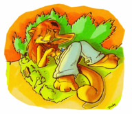 drawing giantess furry anthro color barefoot ducky paws park lying_down top bench tickling