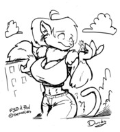 breasts drawing giantess furry tail monochrome claws handheld cleavage jeans cat_ears ducky cat_girl top