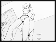 drawing giantess furry anthro monochrome buildings ducky looking_down worried