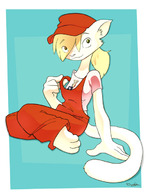 drawing small_man furry anthro blonde color ducky overalls cap on_chest