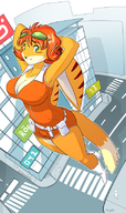drawing giantess furry anthro city color cleavage buildings ducky red_hair boots sunglasses stroll stretching pouch