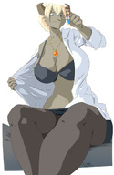 drawing furry horns anthro upskirt color large_breasts blue_eyes clothed handheld cleavage bra skirt ducky sitting nylons shrunken_man dangle thighs undressing shirt necklace looking_at_tiny grey_skin bare_midriff pulling_clothing