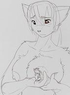 drawing giantess nude furry monochrome large_breasts handheld cleavage cat_ears embarrassed ducky short_hair shrunken_men shrunken_man sketch looking_down sucking cat_girl sucking_nipple