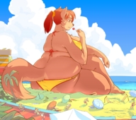 drawing giantess color swimsuit beach ocean ducky ponytail sitting lollipop clouds voluptuous running_away relaxed