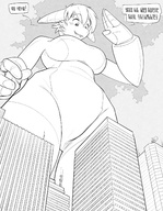 drawing gentle furry anthro city alien monochrome buildings ducky tights mega_giantess point_of_view salute gibberish gauntlets