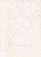 breasts drawing giantess furry monochrome large_breasts cleavage ducky short_hair shrunken_men surprised fighting shrunken_man sketch cat_girl punch ripped_clothing hitting