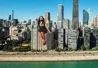 giantess collage city high_heels buildings helicopter brunette wonderslug dress sitting skyscraper foot_print waterfront mindy_kaling