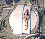 giantess collage city cleavage wonderslug red_hair lying_down aerial_view looking_at_viewer toronto rooftop eva_marie_coyle