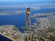 collage landscape city mega bridge water high_heels buildings brunette dress aerial_view looking_at_viewer peque