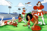 breasts drawing giantess white_hair crush color large_breasts long_hair handheld skirt butt_crush brunette smiling stadium socks ponytail cheerleader lying_down short_hair pigtails teasing giantesses dark_skin athletic sports commission looking_at_tiny first_second highschool titanosaurus64